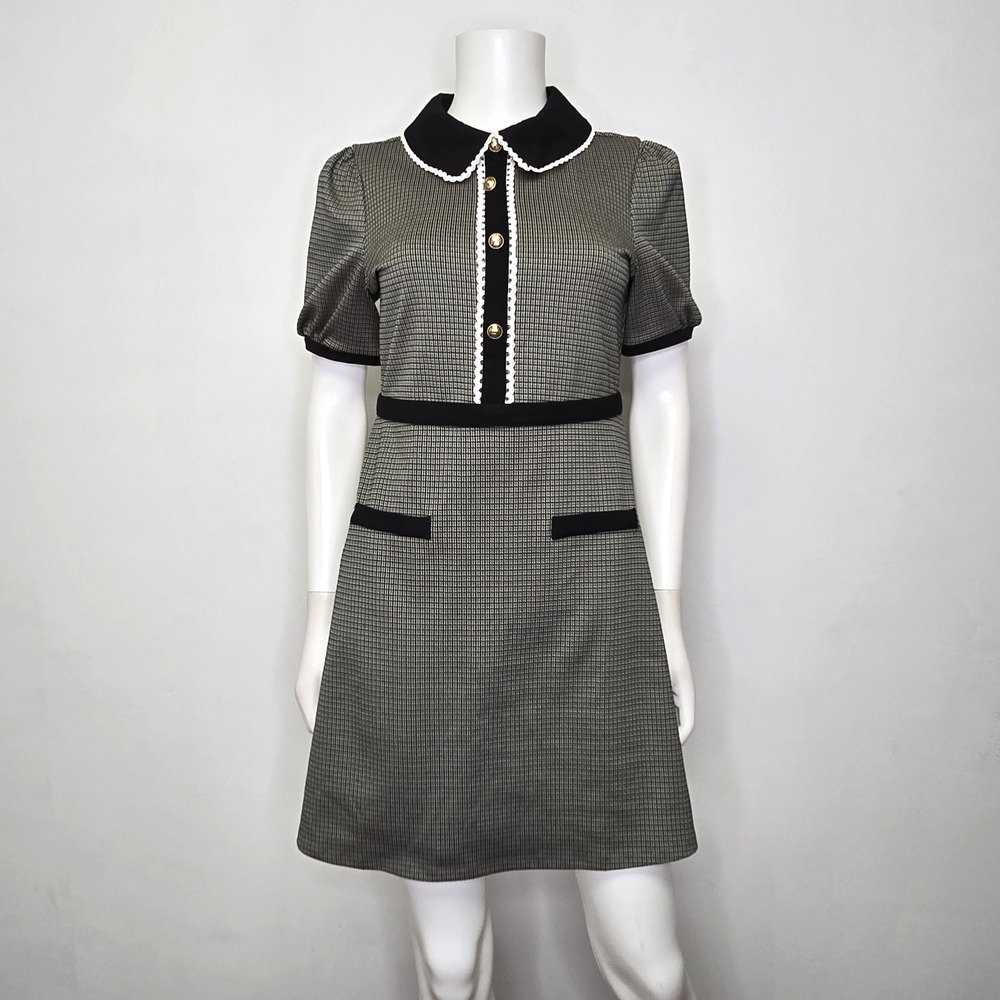 Modcloth M Dress Scholastic Classic Collared Babydoll Dress Plaid Houndstooth
